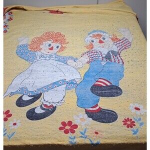 Rare Vintage Raggedy Ann & Andy Yellow Blanket Cover Bobbs Merrill Waffle Weave